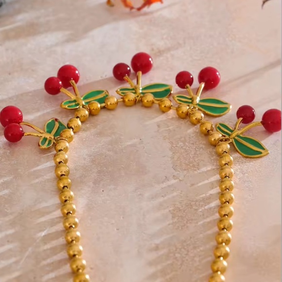 Red Cherry 18K Gold Stainless Steel Waterproof Necklace - Picture 6 of 16